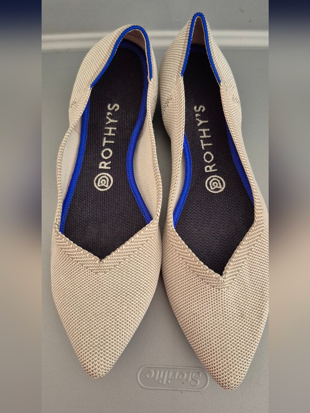 Rothy's Beige Pointed Knit Flats with Blue Trim" Flax Birdseye" Sz.9